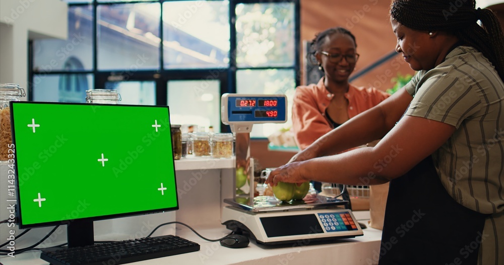 Wall mural seller serving customer at counter next to greenscreen layout, presenting blank copyspace template o