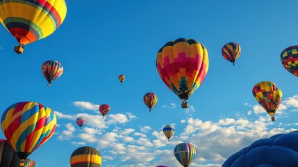 Fototapeta premium A lot of colorful inflatable balloons shining in the sun, soaring high into the blue sky, creating a vibrant and joyful scene filled with energy and celebration.