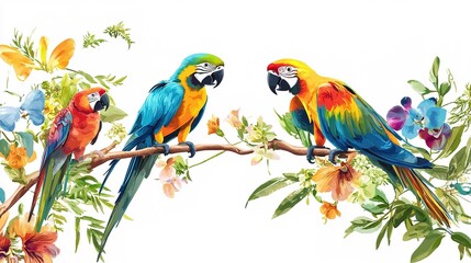 Colorful parrot perched on a branch, showcasing its vibrant feathers and majestic posture against a clean white background. A perfect depiction of exotic birds, avian beauty, and wildlife in their nat