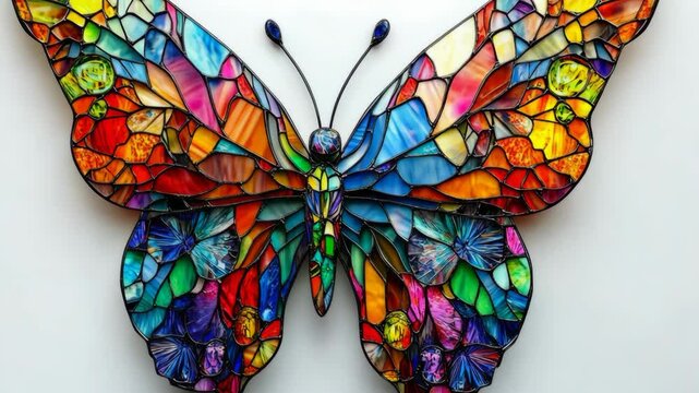 Colorful stained glass butterfly art piece displayed against a neutral background at a creative exhibit in a gallery