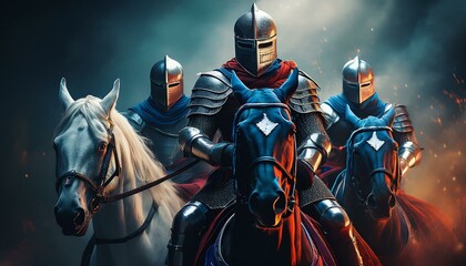 Naklejka premium knights in black, white, red and blue robes riding majestic horses. with a dark background and dramatic atmosphere. close up - medieval knight in armour