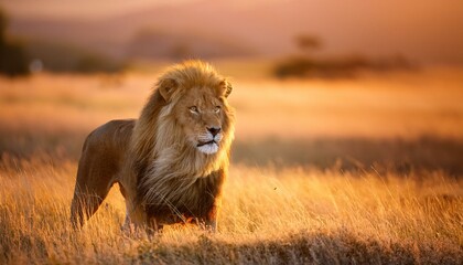 Fototapeta premium Lion in the savannah at sunset