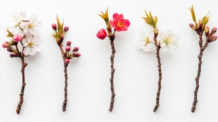 A collection of flowering branches showcasing various blossoms and buds on a white background.