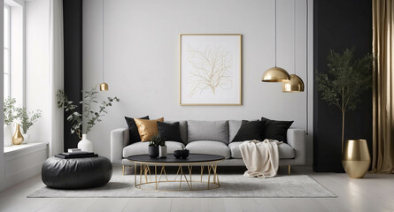 Beautiful Black and Gold Abstract Art Above Sofa Chair for Contemporary Living Room Design