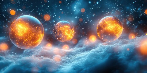Glowing orbs floating over snowy clouds, golden light sparkles, abstract futuristic winter design, shimmering icy textures, serene seasonal vibes, celestial frozen beauty.