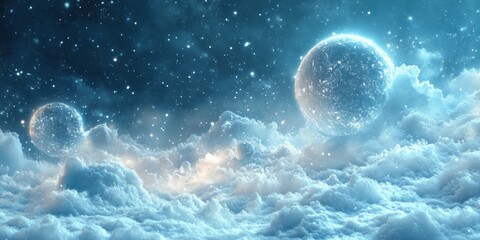 Frosty planets and clouds under glowing starry night sky, cosmic abstract winter landscape, shimmering icy textures, serene seasonal vibes, celestial frozen beauty.