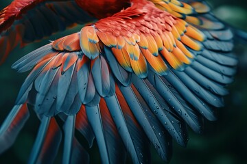 Obraz premium Close up of scarlet macaw wing showing off beautiful red, blue, orange and yellow feathers