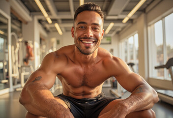 Fototapeta premium A headshot lifestyle portrait photo of a person: a shirtless man sitting on a bench in a gym, surrounded by gym equipment and illuminated by lights on the ceiling.