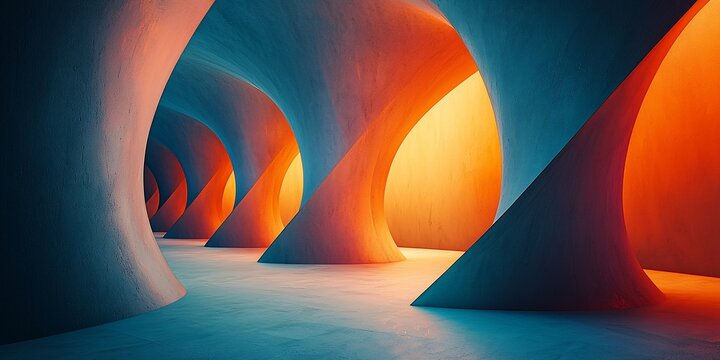 Abstract orange and blue curved architectural interior.