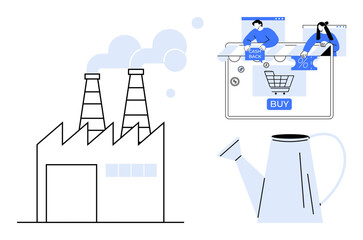 Factory, shopping cart on online platform with people interacting, and watering can. Ideal for business growth, e-commerce, manufacturing integration, financial incentives, digital transformation