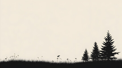 A minimalist vector of a meadow filled with wildflowers and a few scattered trees. Meadow with wildflowers.