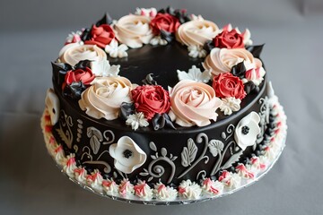 Delicious black cake decorated with icing flowers, a stylish and modern culinary masterpiece for a wedding or special event