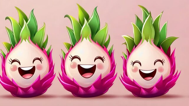 Colorful cartoon dragon fruits with smiling faces arranged in a cheerful pattern against a soft pink background
