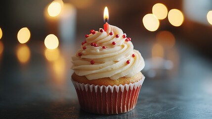 Single Birthday Cupcake With Lit Candle And Sprinkles