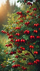 Obraz premium Vibrant Red Rose Hips on a Bush, Signaling the Harvest Season