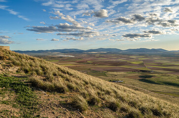 View of the countryside in the village of Consuegra, Castilla La Mancha, Spain