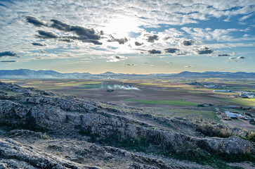 View of the countryside in the village of Consuegra, Castilla La Mancha, Spain