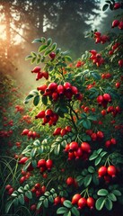 Obraz premium Vibrant Red Rose Hips on a Bush, Signaling the Harvest Season