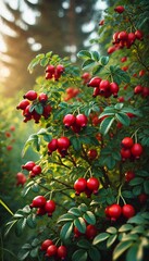 Vibrant Red Rose Hips on a Bush, Signaling the Harvest Season
