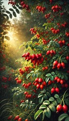 Vibrant Red Rose Hips on a Bush, Signaling the Harvest Season