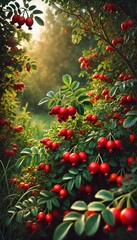 Obraz premium Vibrant Red Rose Hips on a Bush, Signaling the Harvest Season