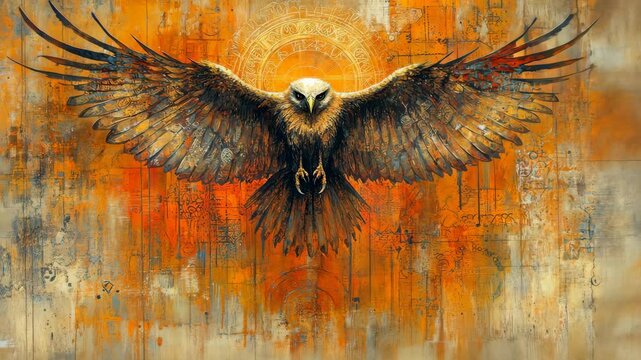 Majestic eagle spreads wings against a vibrant orange abstract background in a stunning artistic portrayal