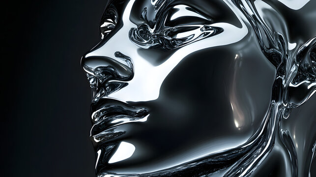 Morphing liquid metal forms a futuristic face.