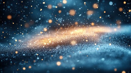 Naklejka premium Golden and blue glitter particles glowing in a magical bokeh effect, soft winter lighting, abstract festive texture, holiday sparkle, dreamy background design.