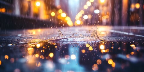 Raindrops splashing in a puddle on a city street at night.