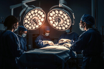 Obraz premium Modern Surgical Team Performing Operation in Advanced Operating Room Under Bright Lights