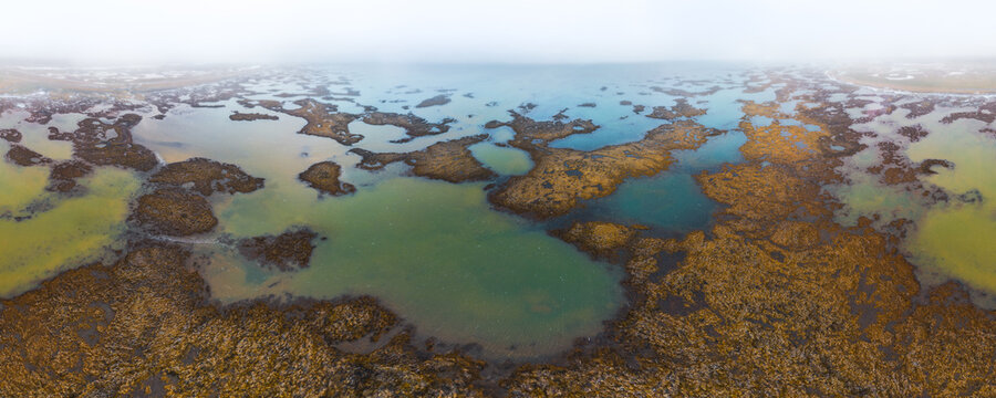 Aerial view of Icelandic wetlands in early autumn mist