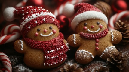 Obraz premium Two Festive Gingerbread Men Wearing Winter Hats And Scarves