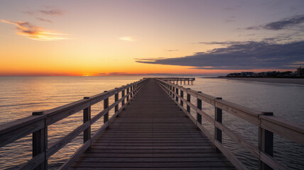 Naklejka premium A stunning sunset casts vibrant hues over a wooden pier extending into calm waters, creating a serene and tranquil atmosphere.