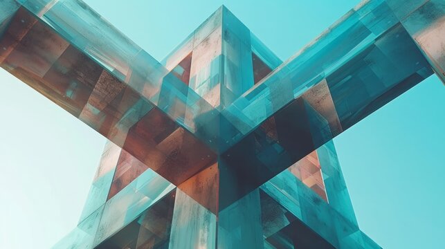 Abstract architectural structure with intersecting transparent and opaque beams against a bright sky.