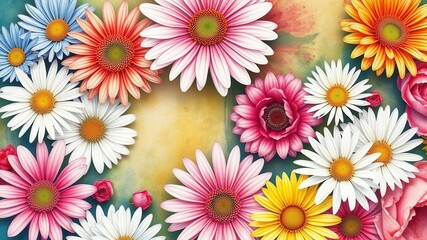 Beautiful and vibrant watercolor illustration of various flowers including roses, lilies, and daisies, nature, vibrant, daisies
