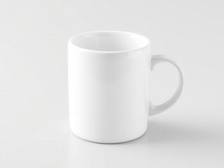 Blank white ceramic mug with a curved handle and glossy finish on a white background, glossy finish, stock photo, product presentation