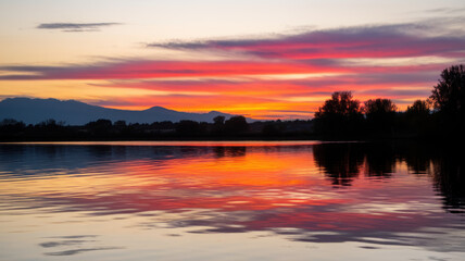 Obraz premium A stunning sunset over a tranquil lake, reflecting vibrant hues of orange, pink, and purple in the water, surrounded by silhouettes of trees and mountains.