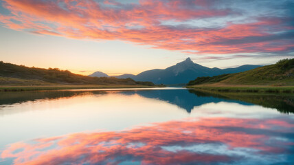 Serene sunset landscape reflecting vibrant colors in a tranquil lake surrounded by majestic mountains.
