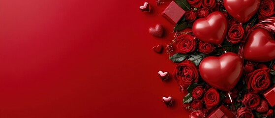 Red background with hearts and roses. Banner