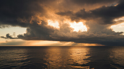 Obraz premium A serene sunset over the ocean, with dark clouds and golden light reflecting on the water, creating a dramatic yet calming atmosphere.