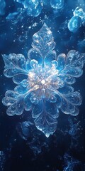 Detailed icy crystal snowflake against shimmering cosmic blue background, glowing abstract frozen beauty, sparkling festive scene, vibrant winter design, intricate frosty details.