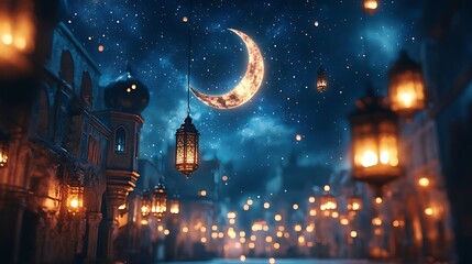Enchanting nighttime scene with lanterns and moon fantasy town