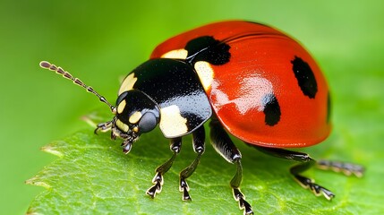 A Red Ladybug Crawls On A Green Leaf
