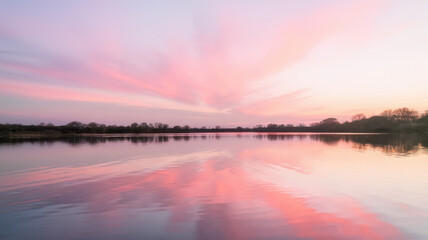 Fototapeta premium A serene twilight over a calm river reflecting soft pink and purple hues, creating a tranquil atmosphere in nature's embrace.
