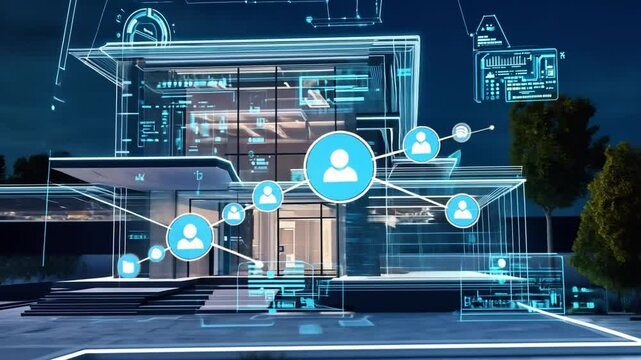 Smart Home Network: A futuristic vision of home automation with interconnected devices and a digital overlay of user icons, symbolizing seamless connectivity and convenience.  