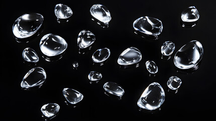 Shiny liquid mercury drops scattered on a solid black background.