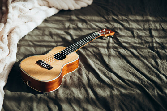 Ukulele resting on a cozy bed with soft, natural lighting