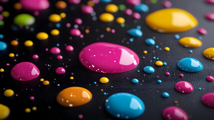 Tiny colorful paint droplets on a solid black background.