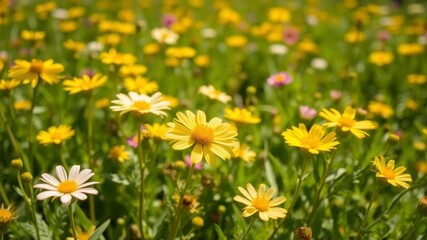 Fototapeta premium Vibrant yellow daffodil flowers swaying in a beautiful field of green, yellow, colorful