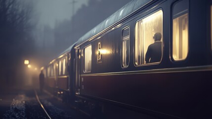 Naklejka premium Mysterious evening train at a foggy station with illuminated windows and passengers waiting in the shadows